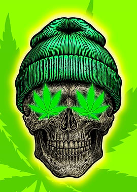 Skull with Beanie and Cannabis Eyes