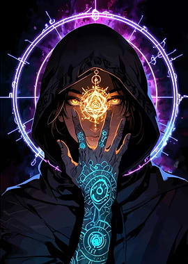 Mystic Hooded Figure with Glowing Symbols
