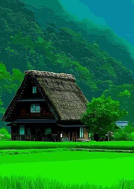 Traditional Japanese House in Green Landscape