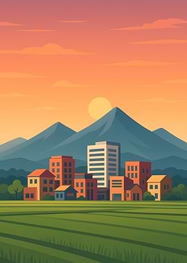 Cityscape with Mountains at Sunset