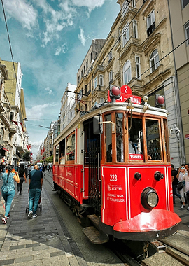 Red Tram in Istanbul Street Scene