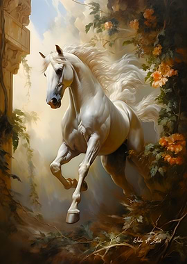 White Horse Galloping in Floral Landscape