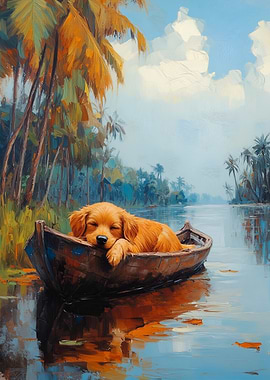 Sleeping Dog in Boat Painting