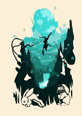 Silhouette Landscape with Figure and Rabbits