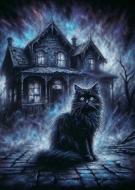 Gothic Haunted House and Black Cat