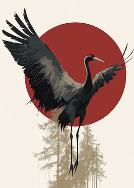 Japanese Crane with Red Sun