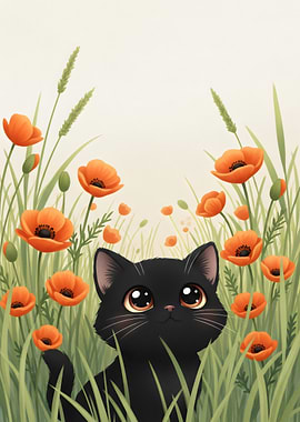 Black Cat in Poppy Field Illustration