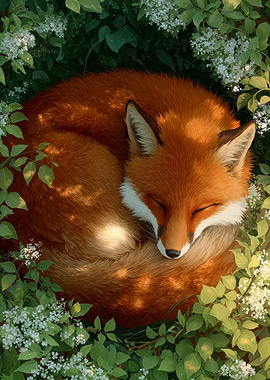 Sleeping Fox in Floral Nest