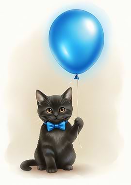 Black Kitten with Blue Balloon