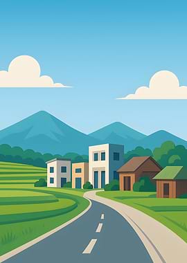 Rural Landscape with Road and Houses