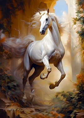 Majestic White Horse in Motion