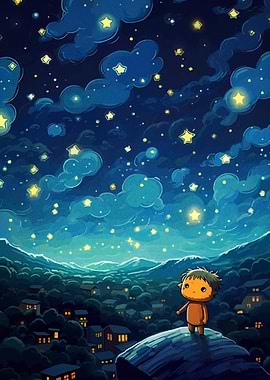Child Gazing at Starry Night Sky