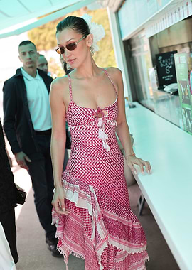 Bella Hadid in Red Patterned Dress