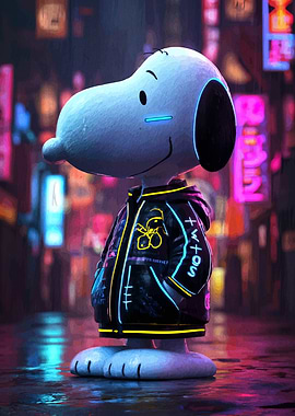 Snoopy in Cyberpunk Cityscape