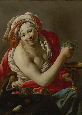 Woman with Monkey and Grapes Painting