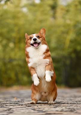 Happy Corgi Standing Upright Outdoors