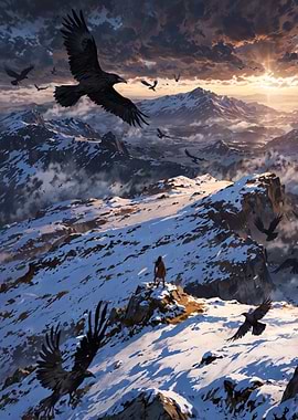 Mountain Vista with Ravens and Figure