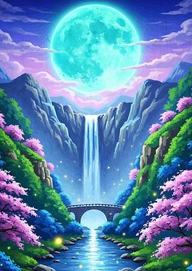 Fantasy Waterfall Landscape Moon