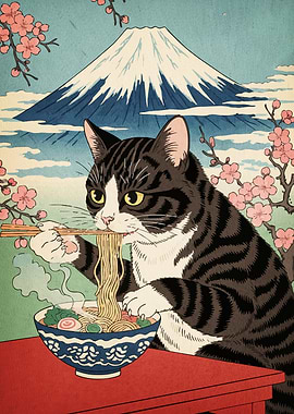 Cat eating ramen Mount Fuji