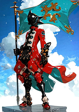 Stylized Figure with Flag Against Sky