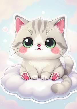 Cute Kitten on Cloud Illustration