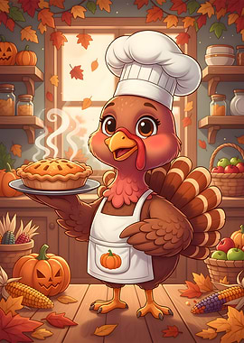 Thanksgiving Cartoon Turkey Chef with Pie
