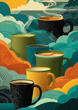 Colorful Coffee Mugs Landscape Art