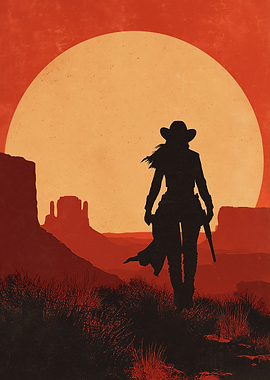 Silhouette of a Cowgirl in the Desert at Sunset