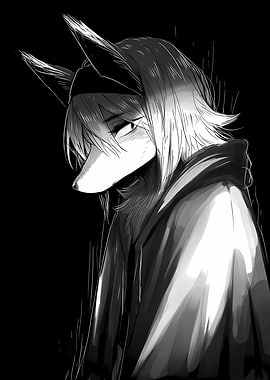 Monochrome Anime Wolf Character Portrait