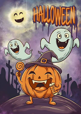 Cartoon Halloween Pumpkin with Ghosts