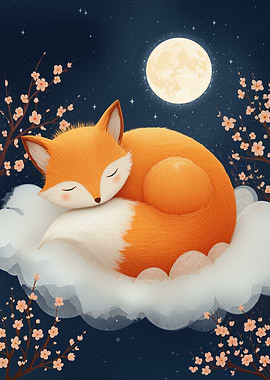 Sleeping Fox on Cloud with Moon