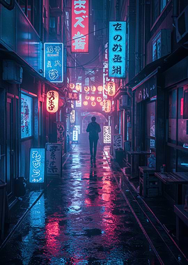 Neon-lit Rainy Japanese Alleyway