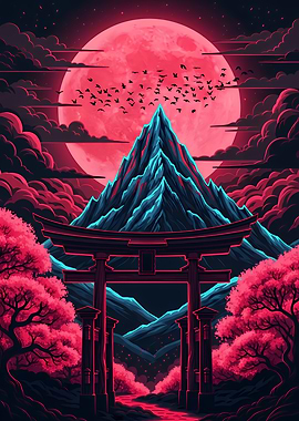 Japanese Landscape with Dark Neon Torii Gate