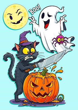 Halloween Cartoon: Cat, Ghost, and Pumpkin