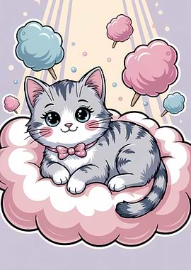 Cute Cartoon Cat with Cotton Candy