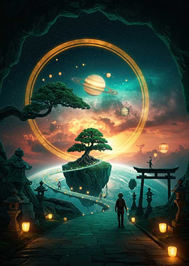 Fantasy Landscape with Planets and Torii