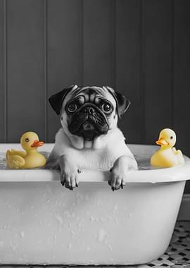 Pug in Bathtub with Rubber Ducks Funny Bathroom Poster