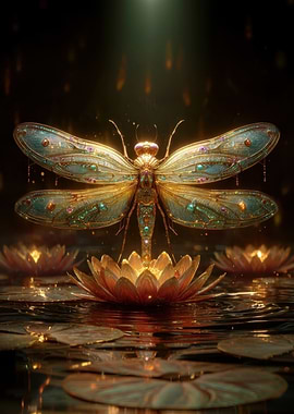 Golden Dragonfly on Lotus Flower