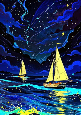 Sailboats under starry night sky painting