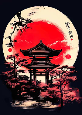 Japanese Temple with Red Sun