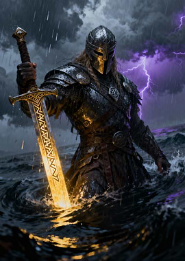 Warrior with Glowing Sword in Stormy Sea
