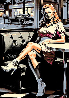 Retro Diner Scene with Woman