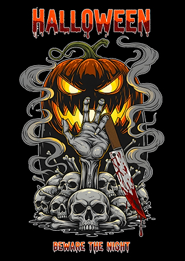 Halloween Pumpkin with Skulls and Knife