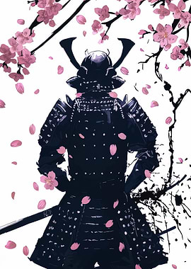 Samurai in Armor with Cherry Blossoms