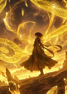Golden Fantasy Character in Magical Landscape