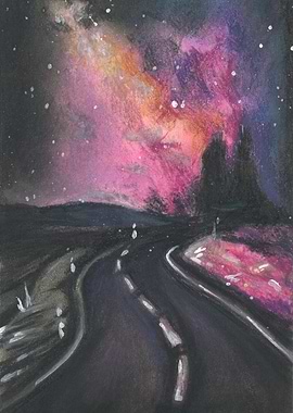 Night Road Under a Colorful Galaxy