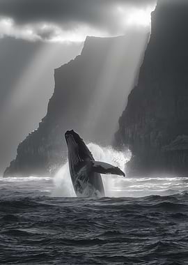 Breaching Whale at Coastal Cliffs in Black and White