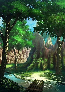Enchanted Forest Stream Landscape Illustration