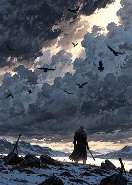 Warrior in Snowy Landscape with Ravens