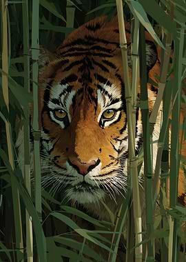 Tiger in Bamboo Forest Illustration